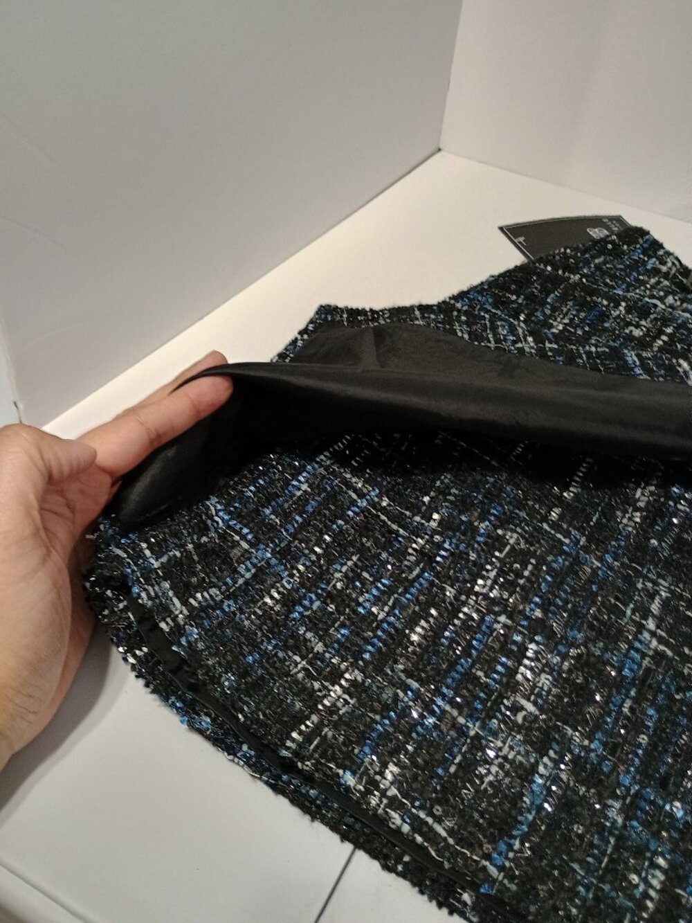 Bagatelle Collection Black Blue Silver Tweed Sequin Asymmetrical Mini Skirt NWT - Picture 7 of 10